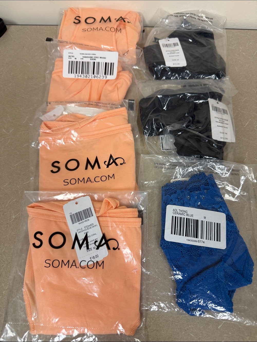 Soma Women's Panty Pack in Peach, Black & Blue. 7 Pairs. NWT Medium.